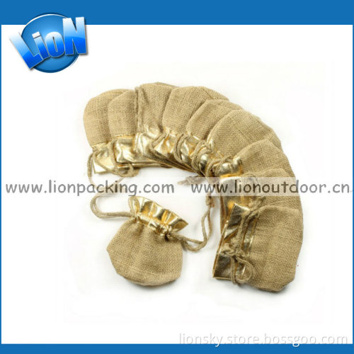 Jute Burlap Drawstring Pouch with Metal Fabric Polyester